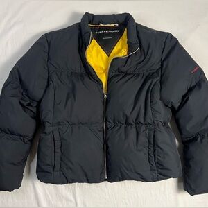 Vintage 90s Y2K Tommy Hilfiger Goose Down Puffer Jacket Coat Black Yellow L